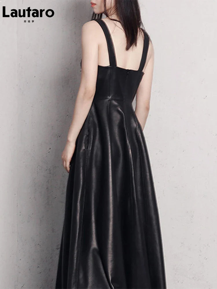 Spring Fit and Flare Soft Faux Leather Dress Elegant Luxury Red Maxi Dresses for Women 2022 long Retro Fashion Clothes