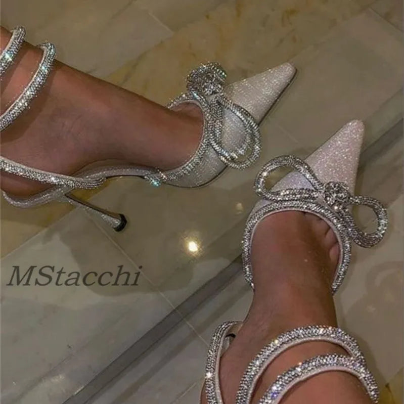 Glitter Rhinestones Women Pumps Crystal Bowknot Satin Sandals 2025 Summer Transparent Shoes High Heels Party Prom Designer Shoes