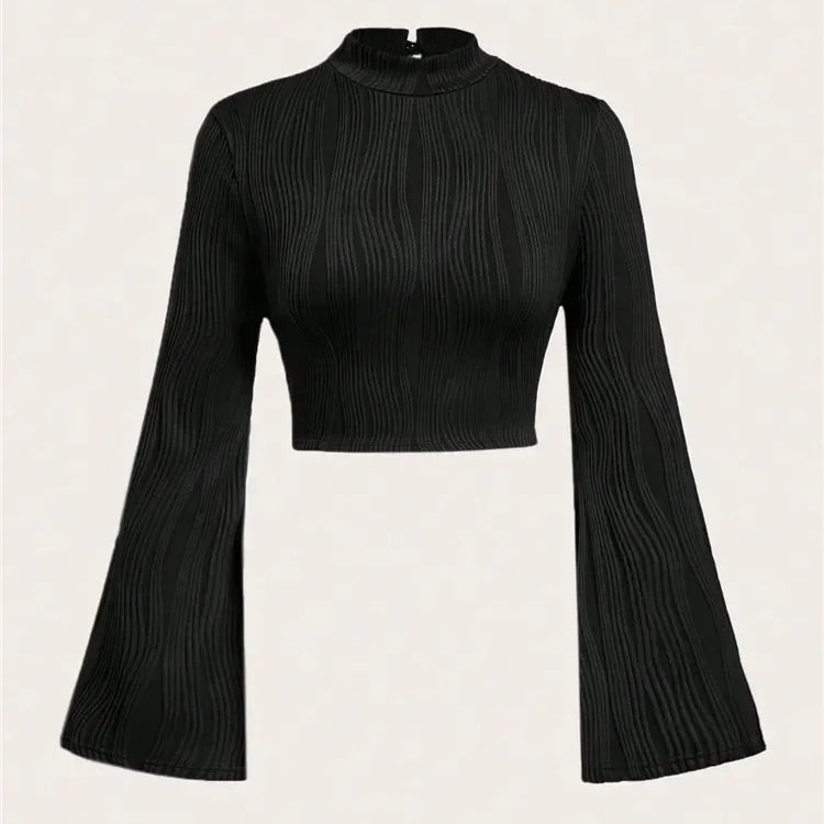 Women Textured Mock Neck Flare Long Sleeve Crop Top Fall Winter Elegant Preppy Style Y2K Rib Knit Slim T Shirt Blouse 2023 black