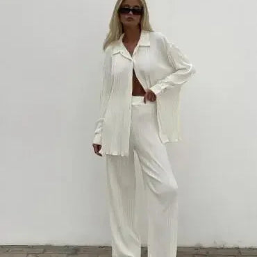 CM.YAYA Pleated Solid Women Set Long Sleeve Shirts and Straight Wide Leg Pants Suits Tracksuit Two Piece Set Fitness Outfits