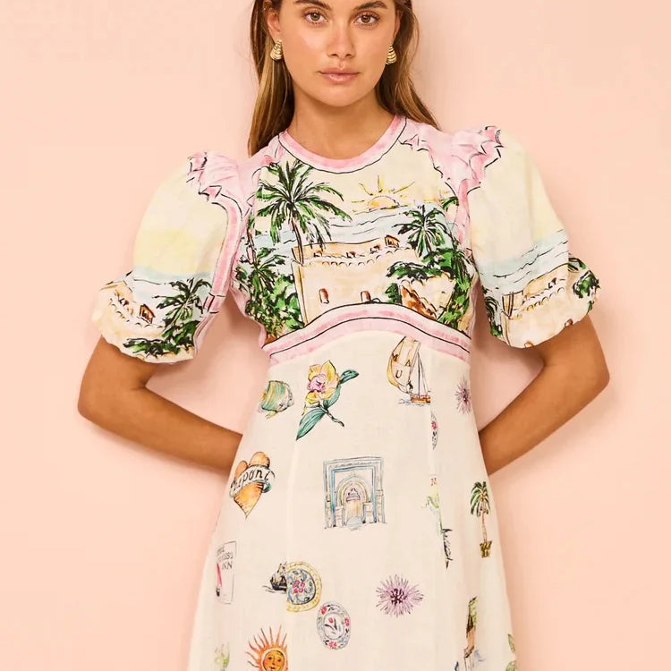 Women Casual Print Empire Waist Long Dress Short Sleeve Comfortable Loose Vintage Robe Party Club Vestidos Spring NEW