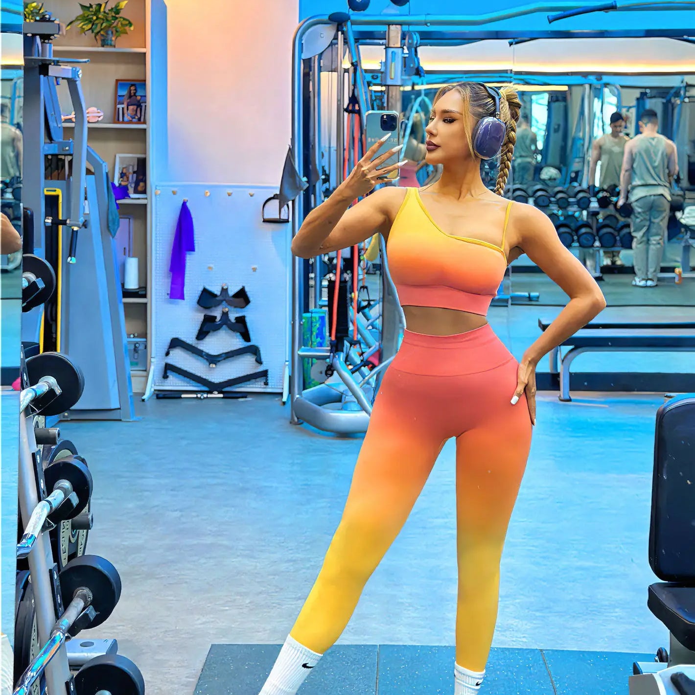 Sexy gradient sling tie-dye set beautiful back yoga bra suspenders high waist hip lift yoga pants set sport set women gym set