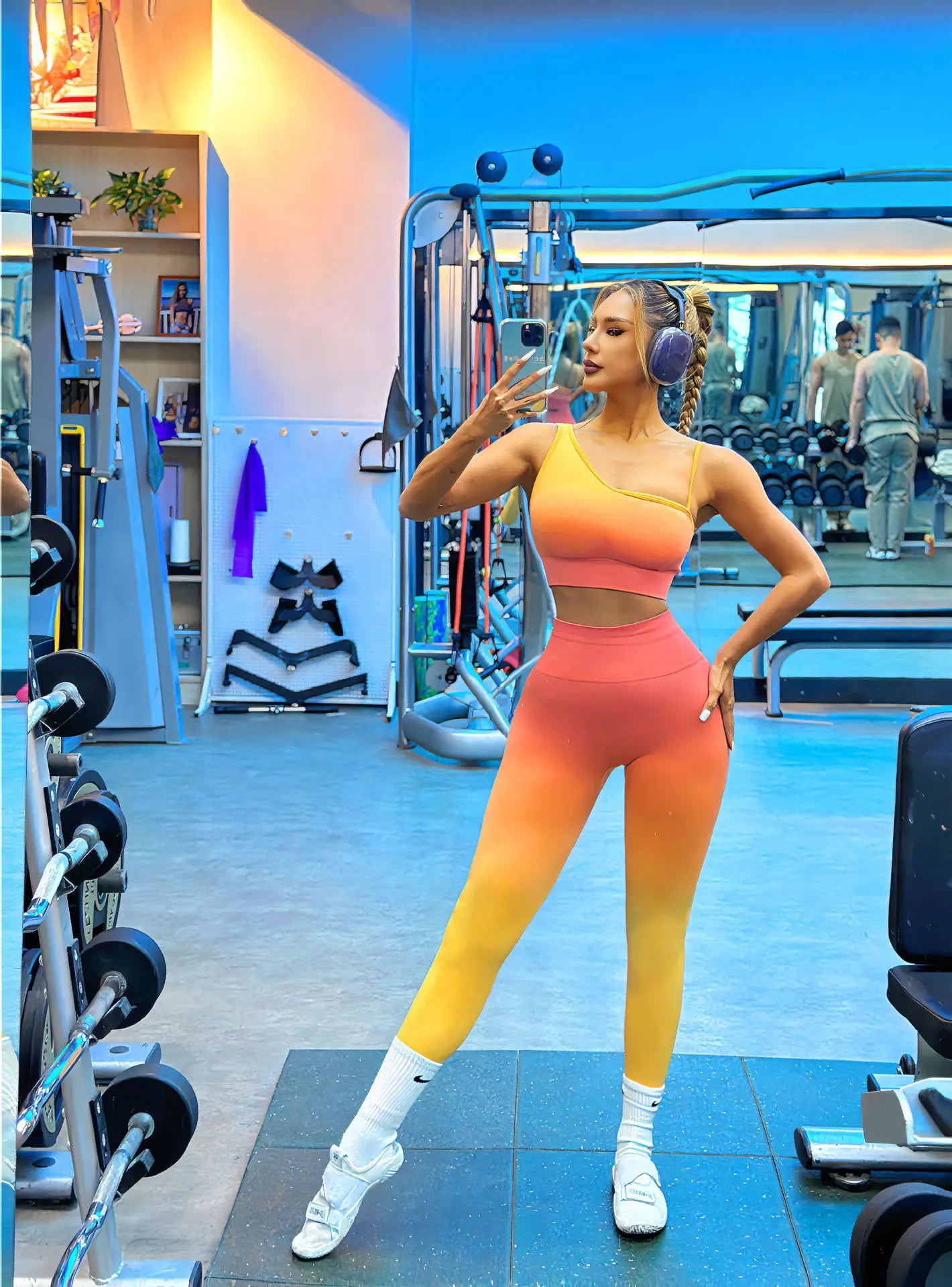 Sexy gradient sling tie-dye set beautiful back yoga bra suspenders high waist hip lift yoga pants set sport set women gym set