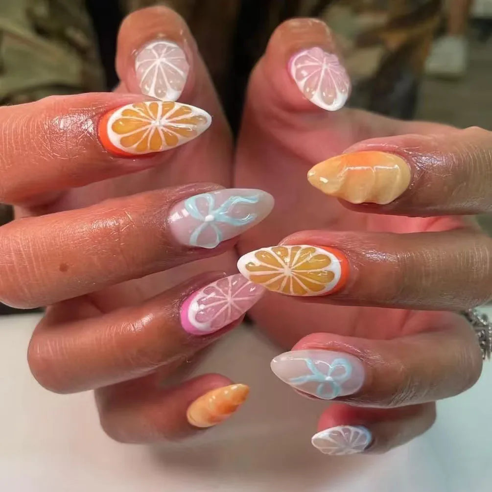24Pcs Simple Almond Nails Tips Fresh Colorful Flower Design False Nails Wearable Oval Fake Nail Short Full Cover Press on Nails