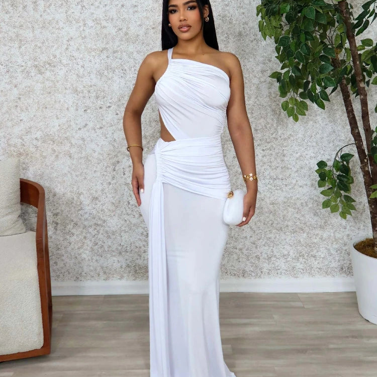 CM.YAYA Women Sleeveless Hollow Out Strap Ruched Maxi Long Dress 2025 Summer Street Sexy Party Birthday Evening Dresses Vestidos