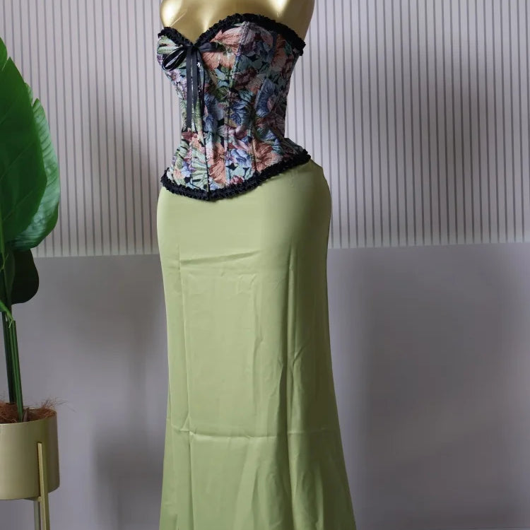 CM.YAYA Women's Dress Set Print Bow Corset Top and Maxi Long Skirt Suit 2025 Summer Elegant Evening Two 2 Piece Set Outfits