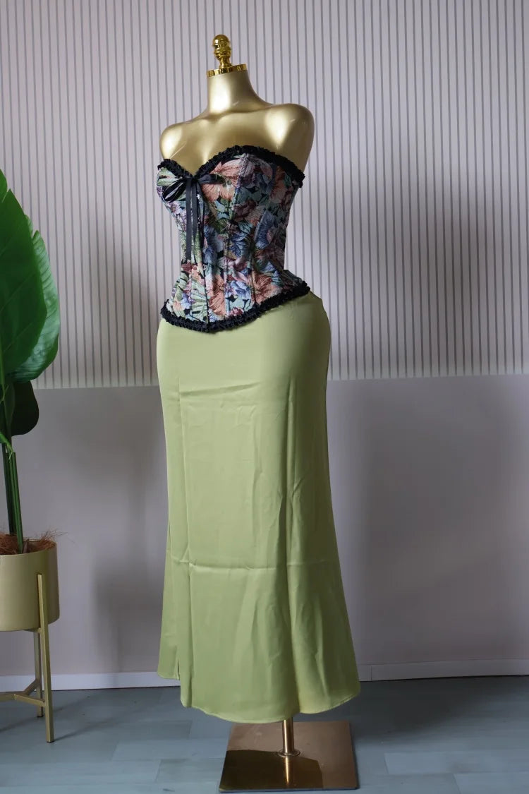 CM.YAYA Women's Dress Set Print Bow Corset Top and Maxi Long Skirt Suit 2025 Summer Elegant Evening Two 2 Piece Set Outfits