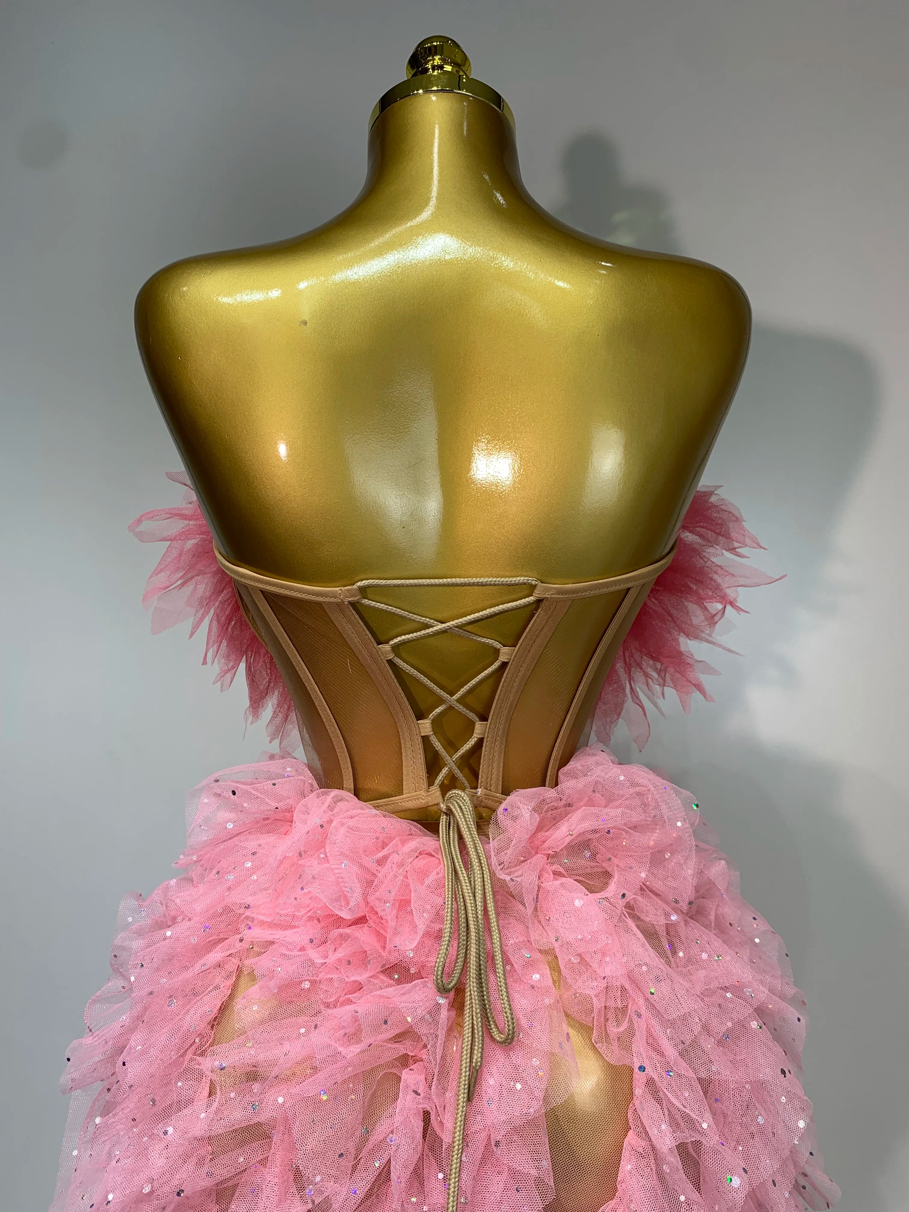 Women Sexy Strapless Ruffles two Pieces Set Bodycon Long Dress High Split Fashion Nightclub Party Birthday  Singer Stage Outfit