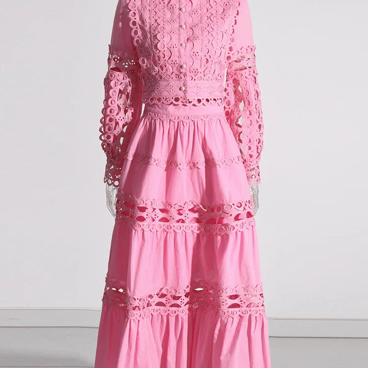 TWOTWINSTYLE Elegant Two Piece Sets For Women Stand Collar Lantern Sleeve Tops High Waist Skirt Hollow Out Set Female Clothing PINK