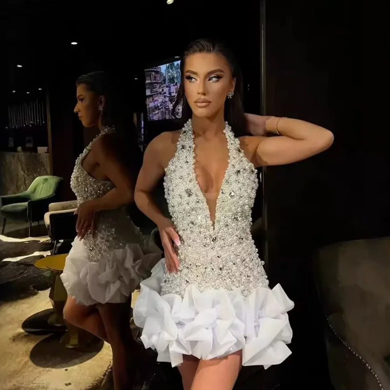2025 Luxury Diamond Beading Sexy V-Neck Halter Sleeveless White Mini Dress Woman Wedding Party Vestido Birthday Party Outfit
