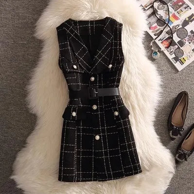 Autumn Winter 2 Piece Sets Tweed Vest Sweater Suits with Sashes Buttons Slim Streetwear Fashion Women Small Fragrance Suit Black Vest Dress
