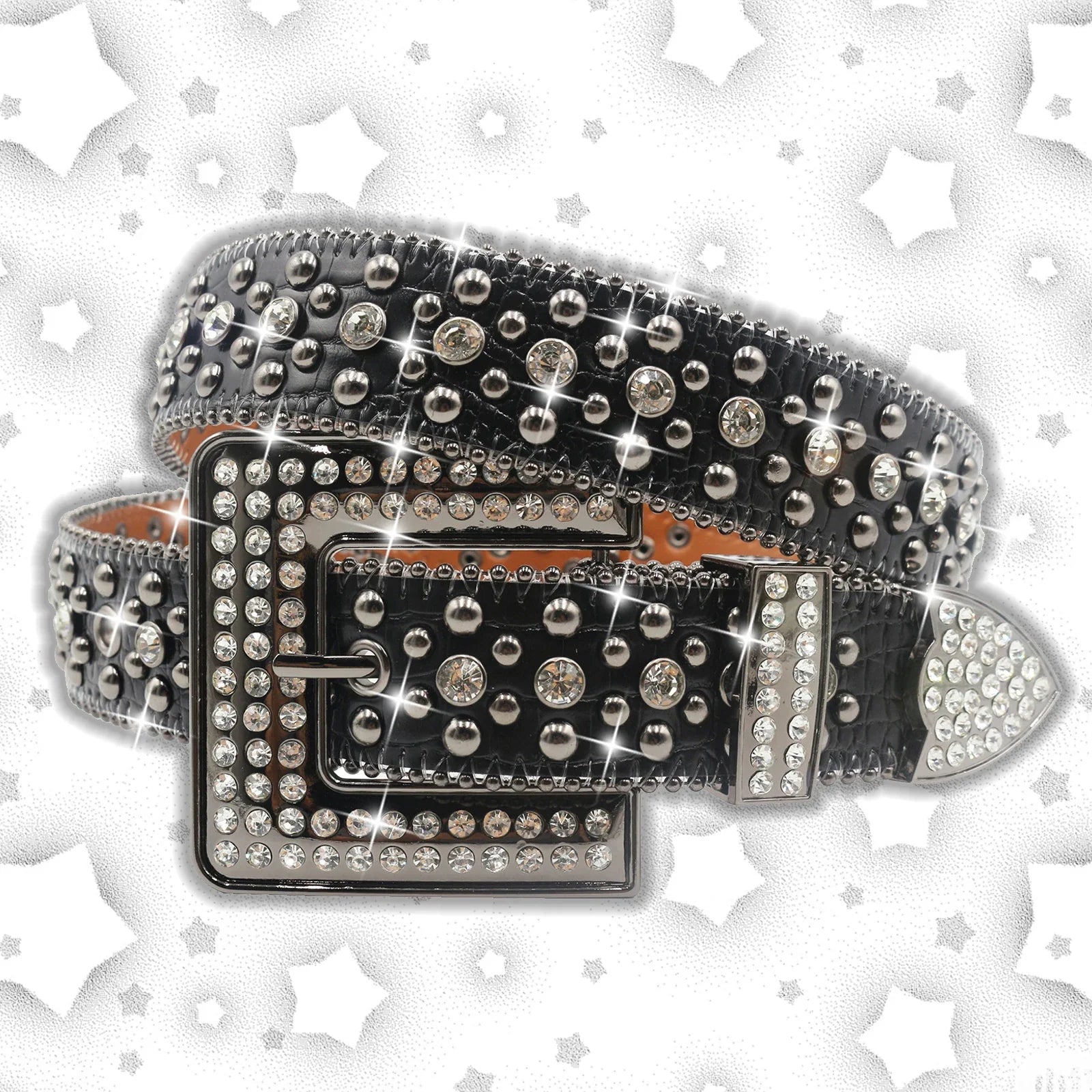 Vintage Dark Rhinestone Rivet Belt for Women Sequin Punk Hip Hop Jeans Accessories Luxury Designer bb Belt Beautiful FK-MD-Black