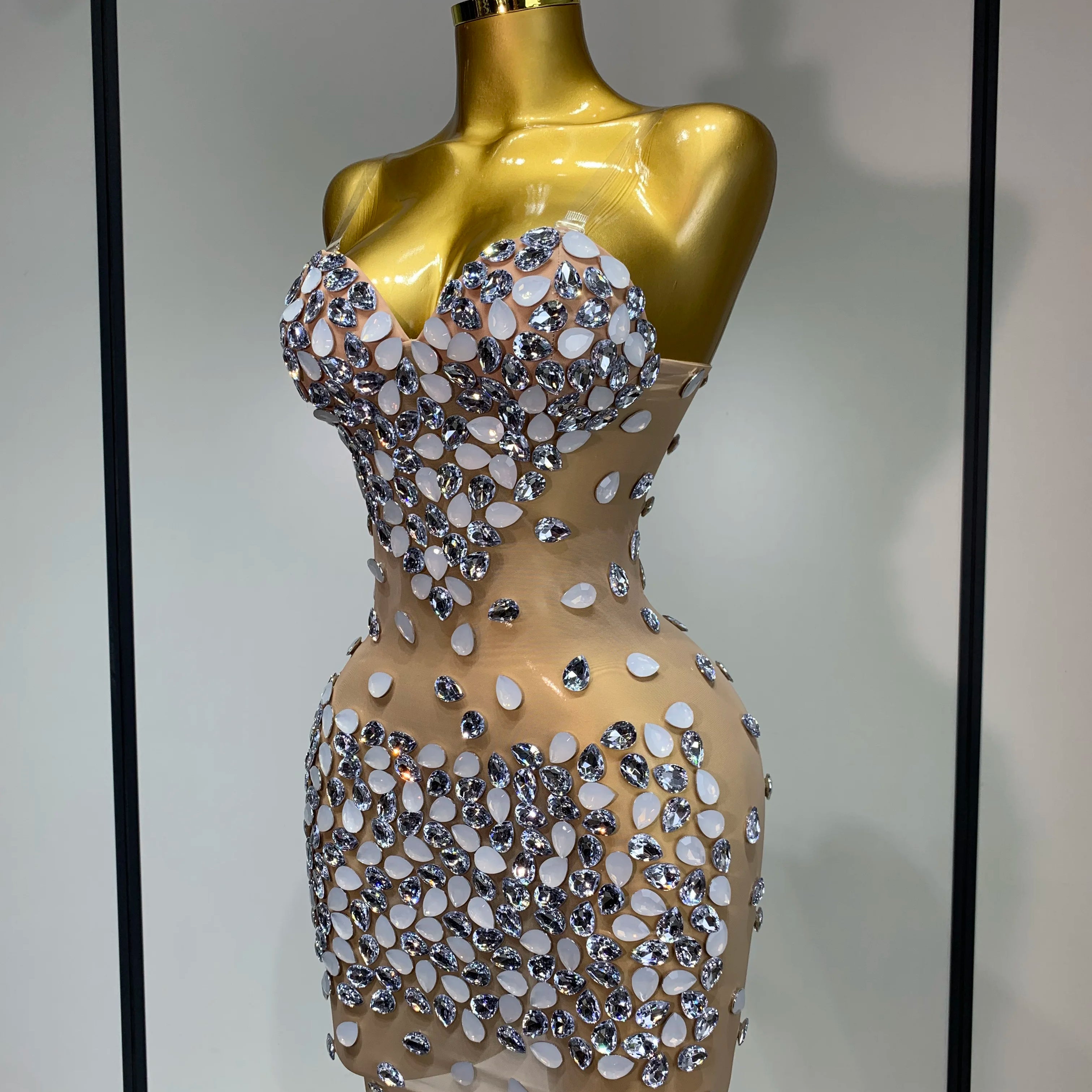 Sexy Sparkly Rhinestone Backless Mini Dress Women Sleeveless Mesh See Through Evening Party Luxury Birthday Gown Stage Outfit