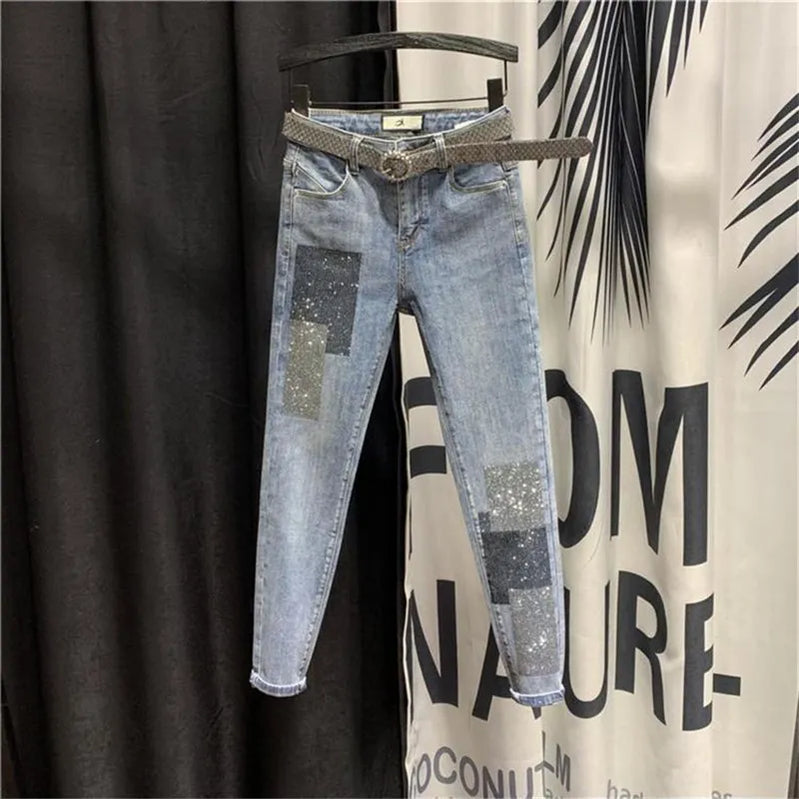 Streetwear Women Clothing High Waist Beading Jeans New Thin Slim Sequined Female Pencil Denim Pants Spring Summer Pantalon Femme