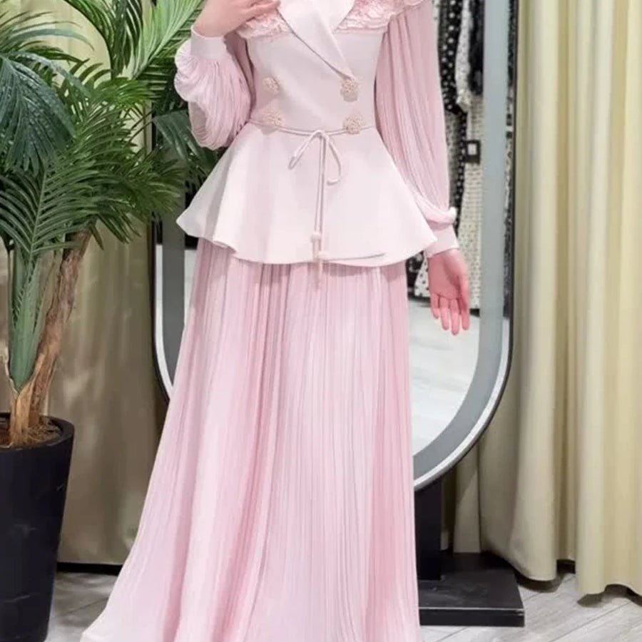 Slimming Two Piece Sets for Women Lapel Long Sleeves Spliced Double Bteasted Top Patchwork Mesh Skirt Female New