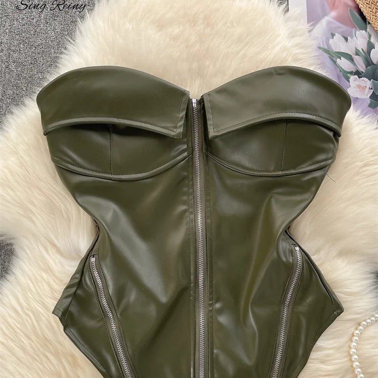 SINGREINY Strapless PU Leather Short Tank Top Fashion Zipper Design Slim Chic Backless Camis Ladies Streetwear Club Sexy Top green One Size