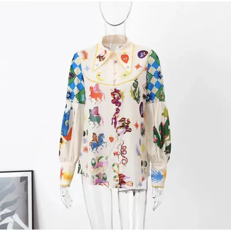 Casual Women's Print Shirt Lantern Sleeve Single Breasted Turn-down Collar Female Shirts Fashion Cartoon Lady Top Street