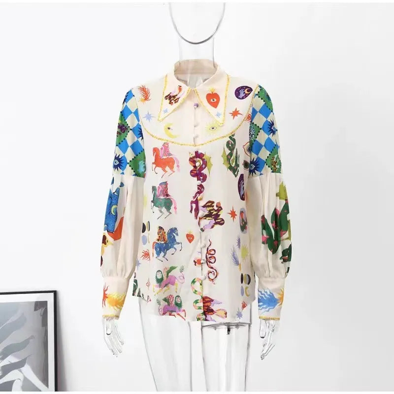 Casual Women's Print Shirt Lantern Sleeve Single Breasted Turn-down Collar Female Shirts Fashion Cartoon Lady Top Street