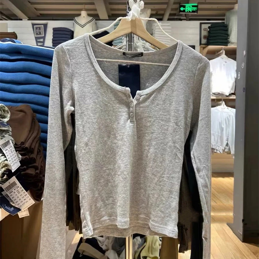 Casual Women Fashion Front Buttons Tees Fall Vintage O Neck Long Sleeves Solid Color T shirts Female Chic Tops grey One Size
