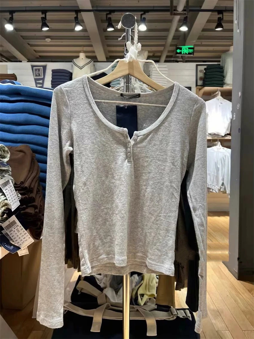 Casual Women Fashion Front Buttons Tees Fall Vintage O Neck Long Sleeves Solid Color T shirts Female Chic Tops grey One Size