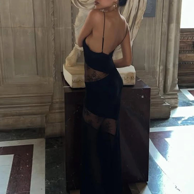 Lace See Through Sling Maxi Dress Women Sexy Slim Black Backless Sleeveless Long Dresses Female Summer Chic Party Evening Robes