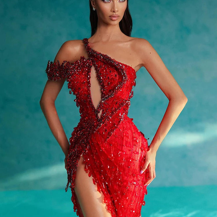 VC Red Diamonds Mermaid Dress Beaded Diagonal One-shoulder High Split Crystals Details Maxi Banquet Evening Party Gown
