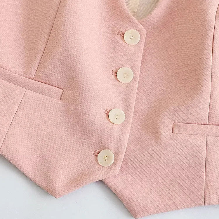 Willshela Women Fashion Two Piece Set Pink Tank Tops & Straight Leg Pants Vintage V-Neck Single Breasted Female Chic Pants Suit