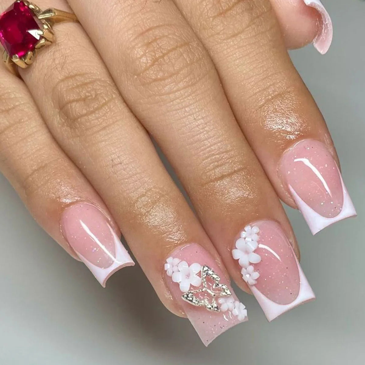 24pcs/set Medium fake nails for women girls 3D embossed flowers butterfly shell designs Summer almond tips press on false nail