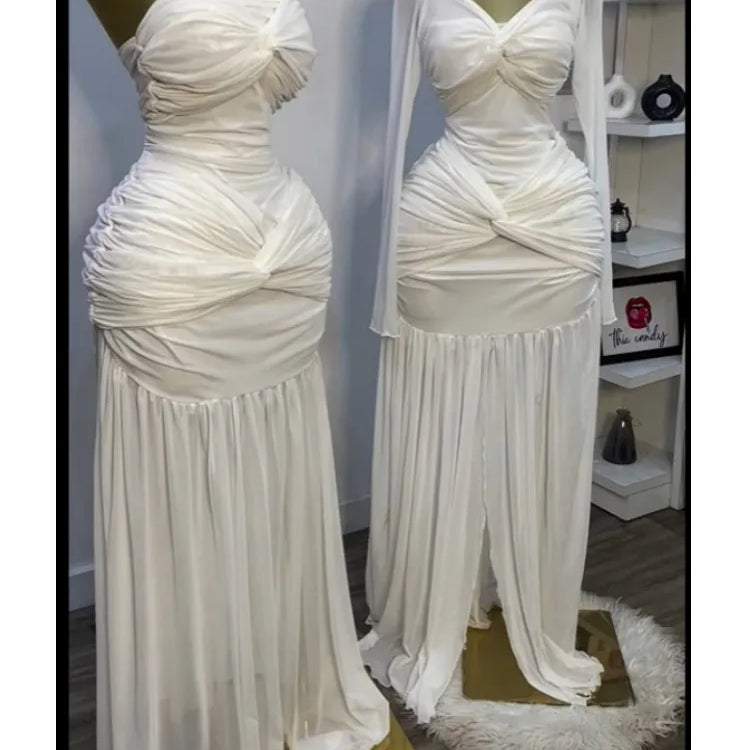 CM.YAYA Women Stacked Ruched Draped High Split Pleated Maxi Long Bodycon Dress 2025 Holiday Birthday Club Party Evening Dresses