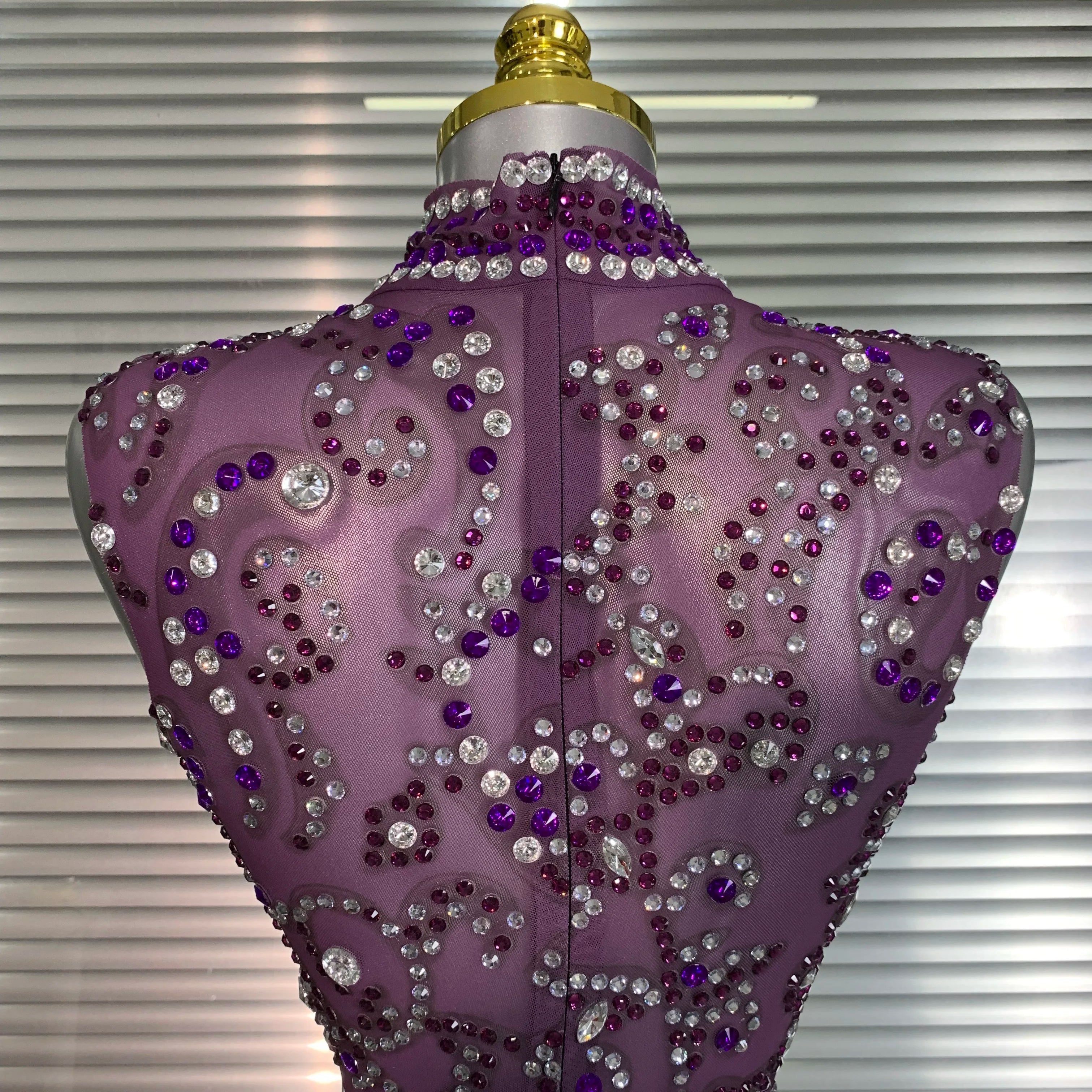 Women Sexy Mesh Crystal Diamonds Mini Purple Performance Costume Stage Dancer See Through Stretchy Night Club Party Dress