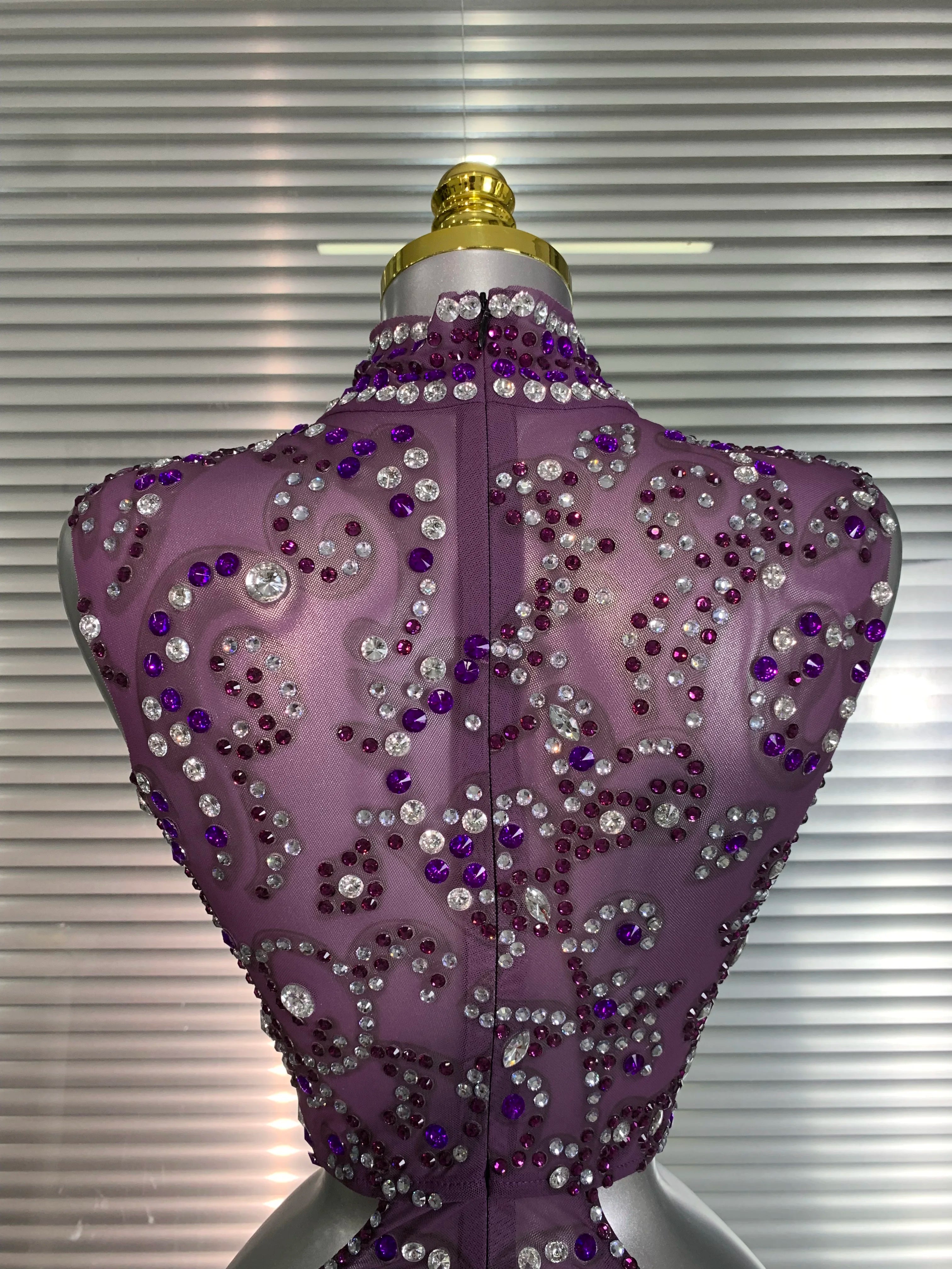 Women Sexy Mesh Crystal Diamonds Mini Purple Performance Costume Stage Dancer See Through Stretchy Night Club Party Dress