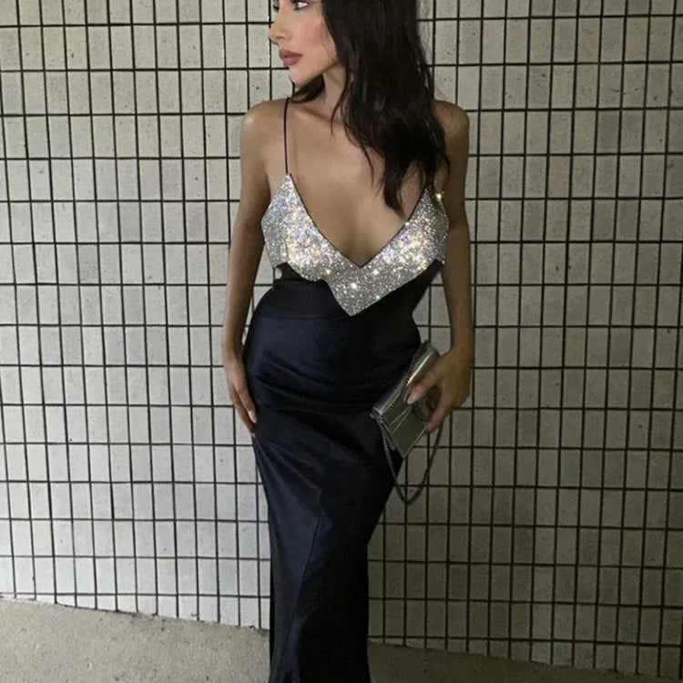 Women Summer Sexy V Neck Backless Crystal Black Diamonds Maxi Long Bandage Dress 2023 Knitted Elegant Evening Club Party Dress