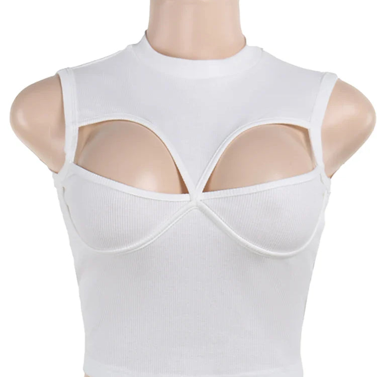 Weird Puss Hollow Tank Crop Top Woman Summer Sexy O-Neck Solid Patchwork Wild Chic Hot Girl Fashion Streetwear Party Skinny Vest