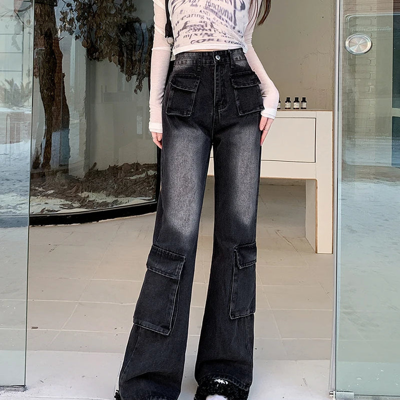 Autumn Winter New Straight Tube Cargo Jeans Woman American Retro High Waist Pants Ladies Multipocket Y2k Baggy Jeans Women's black gray