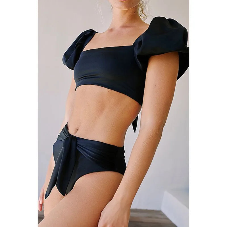 Bikinis Sexy Solid Color Backless Puff Sleeves Split Swimsuit Black Feminine Summer Beachwear Bathing Suit Women Swimwear black