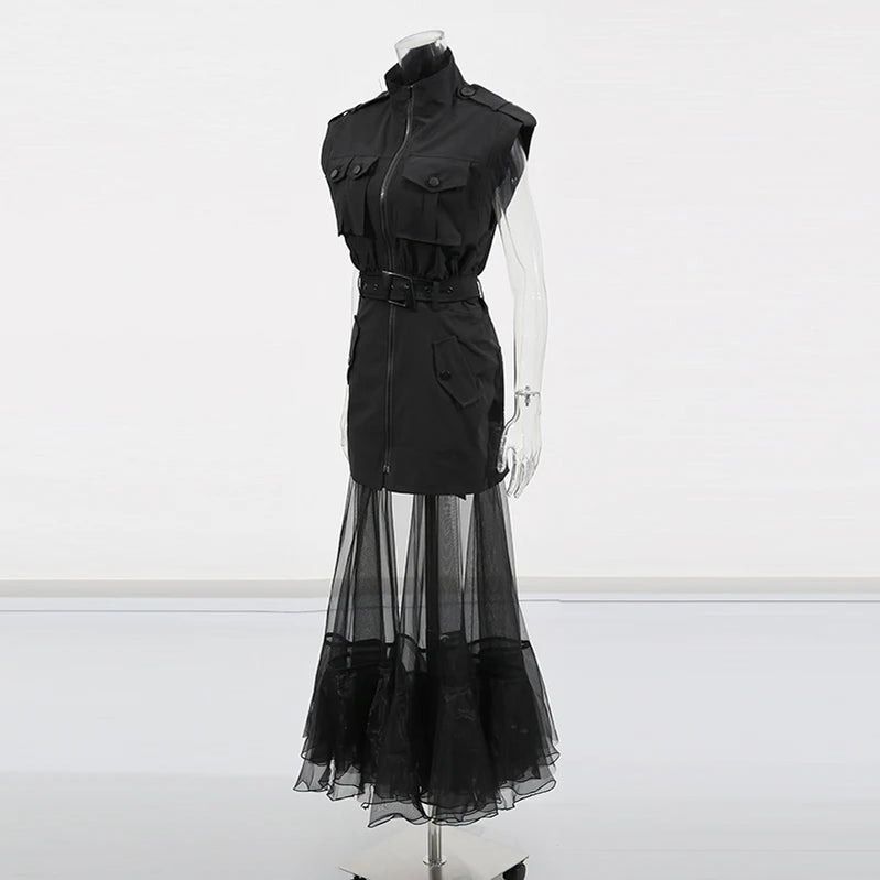 TWOTWINSTYLE Solid Sheer Spliced Mesh Folds Dress for Women Round Neck Sleeveless Patchwork Zipper elegant Dress Female Fashion