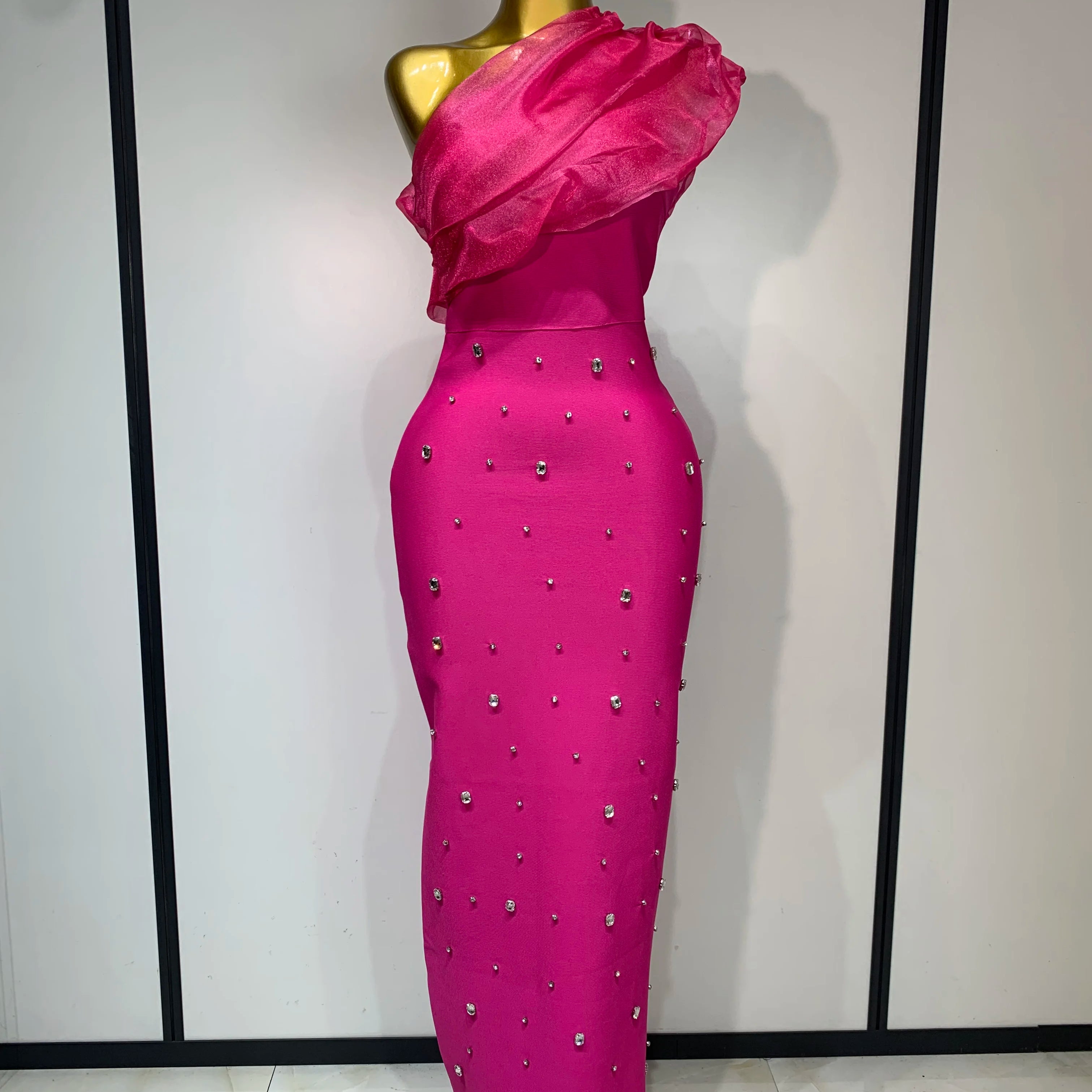 Women Sexy One Shoulder Shinning Crystal Bodycon Bandage Long Dress Celebrate Birthday Elegant Evening Party Club Outfit