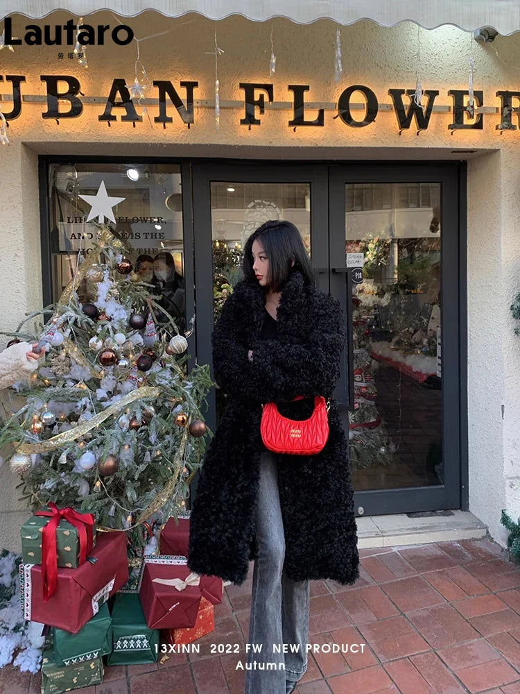 Winter Long Loose Casual Soft Thick Warm Fluffy Black Faux Fur Coat Women Stand Collar Hairy Furry Fuzzy Overcoat 2023 Black