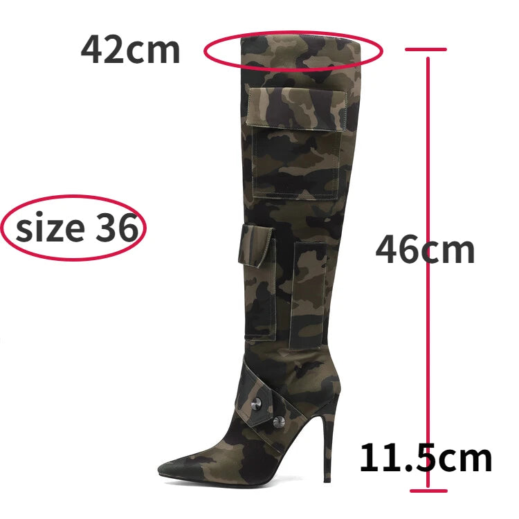 Women's Denim Camouflage Knee High Boots 2023 Autumn Winter Pointed Toe High Heel Slip on Button Vintage Fashion Shoes Size 43 Camouflage A918