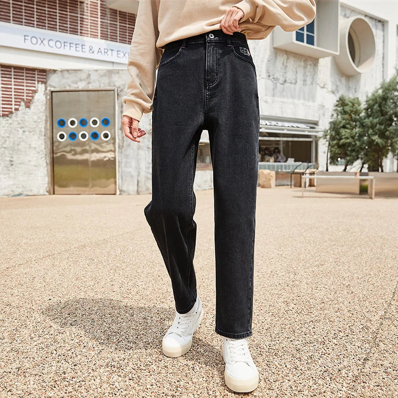 Jeans Women Loose Straight Leg Winter Trendy Bear Pattern Jeans grey