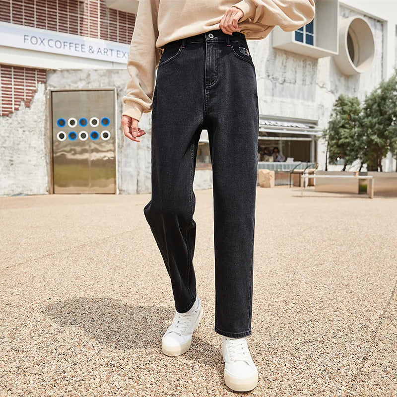 Jeans Women Loose Straight Leg Winter Trendy Bear Pattern Jeans grey