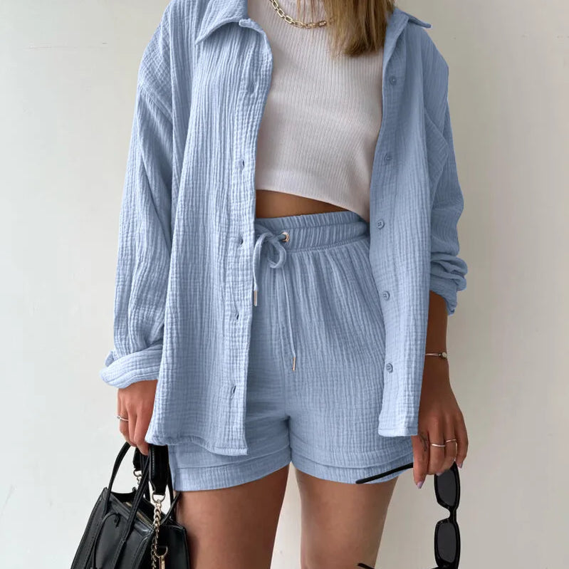 2 Piece Casual Sleepwear Cotton Pajamas for Women Turn-Down Collar Sleep Tops Suits with Shorts Gauze Cardigan Homewear Summer Blue