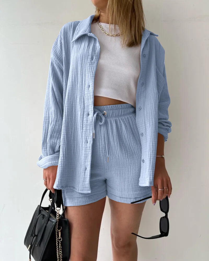 2 Piece Casual Sleepwear Cotton Pajamas for Women Turn-Down Collar Sleep Tops Suits with Shorts Gauze Cardigan Homewear Summer Blue
