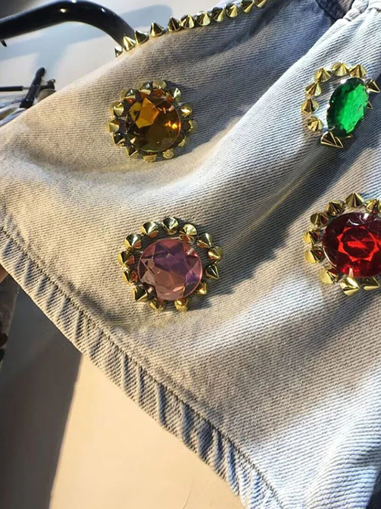 DEAT Women's Denim Shorts Rivet Big Diamonds Drawstring Elastic Waist Loose Wide Leg Short Jeans Summer New Fashion 29L1056