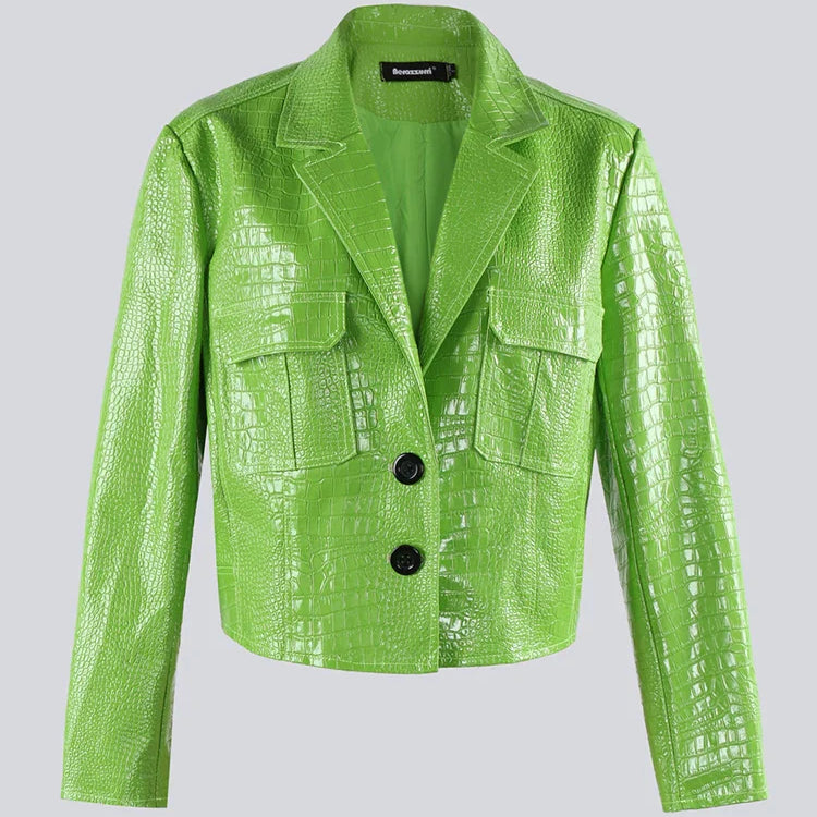 Spring Autumn Short Cool Stylish Shiny Reflective Crocodile Print Patent Pu Leather Jacket Women Runway Fashion 2023 green