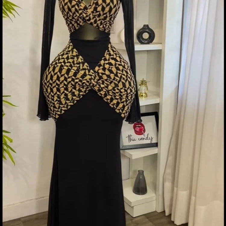 CM.YAYA Women Houndstooth Printed Long Sleeve Draped Ruched Bodycon Midi Mini Dress 2025 Vacation Sexy Party Evening Dresses