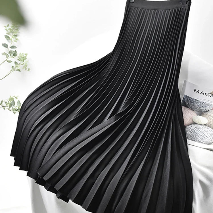 Brand Designer Women Spring Autumn Elegant Chic Solid Pleated Skirt High Waist Luxury Fashion With Elastic Female C-035 Black