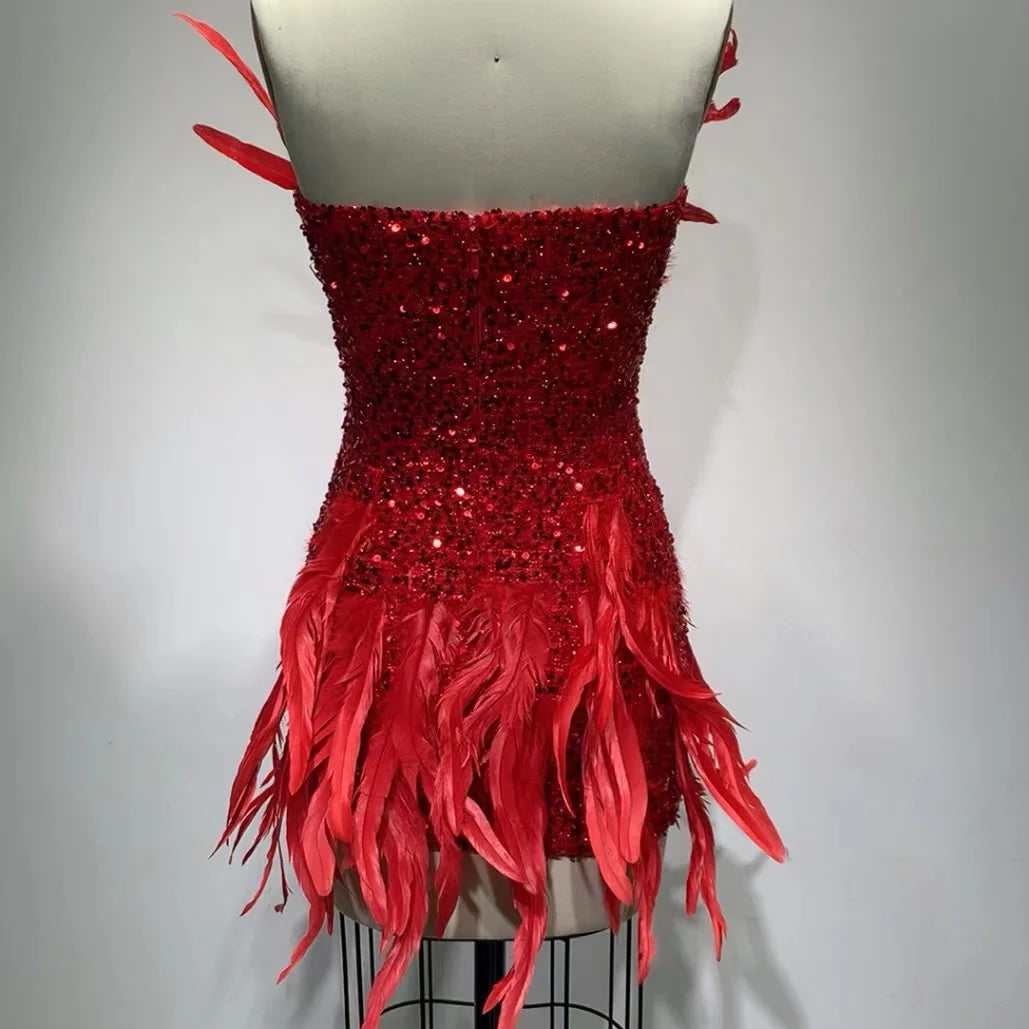 Luxurious Spring Red Color Women Strapless Feathers Bodycon Mini Dress Celebrate Birthday Cocktail Party Dress