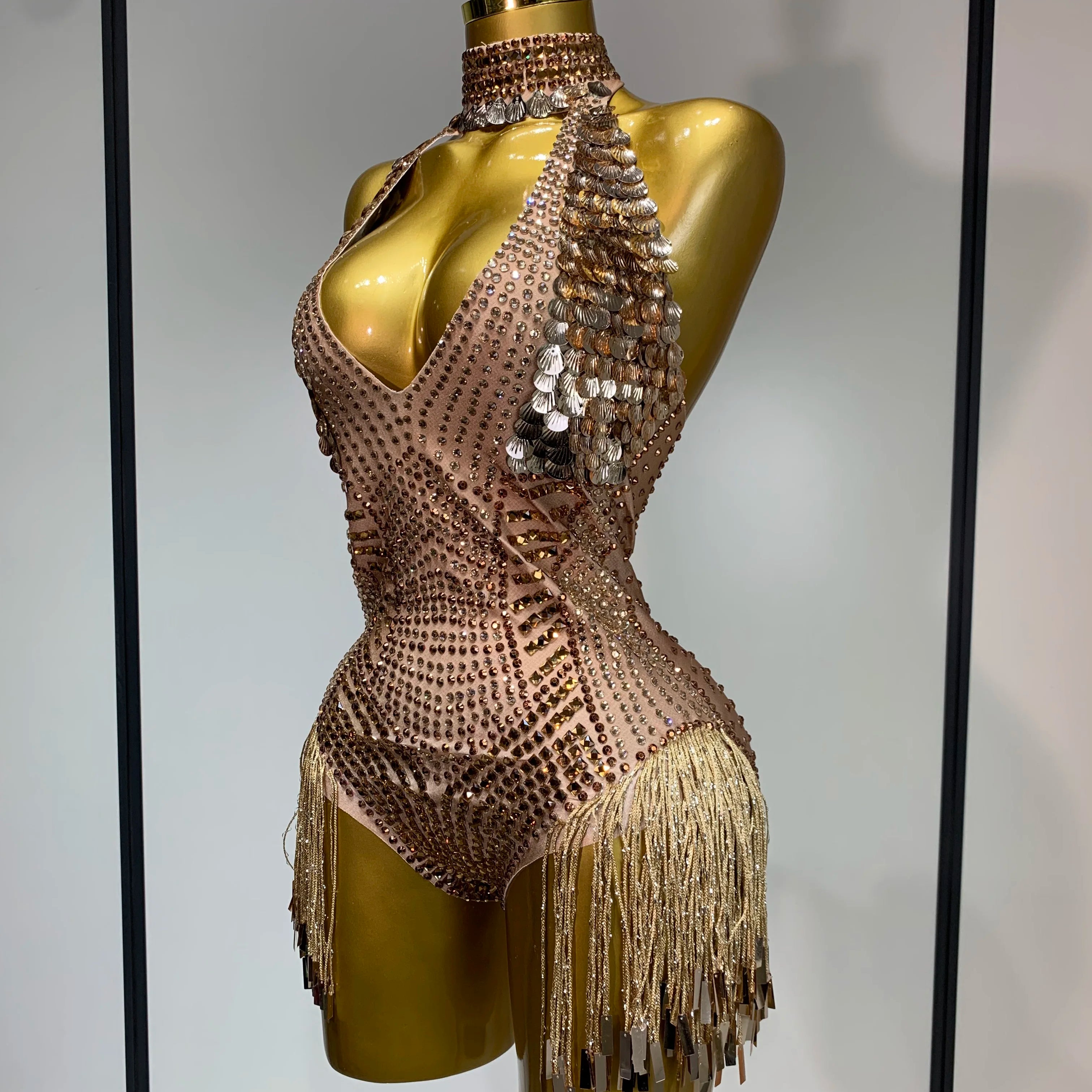 Luxury Sparkly Rhinestones Tassels Sequins Bodysuit Women Sexy Halter Backless Stage  Performance Costume Club Birthday Outfit