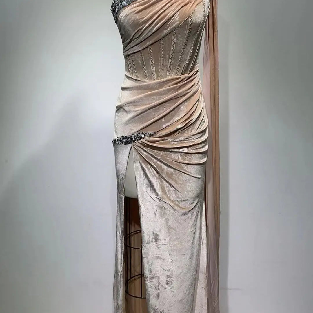 Luxury Diammonds High Slit One Shoulder Long Ribbon Velvet Strapless Floor Length Dress Celebrity Party Dress Birthday Vestido